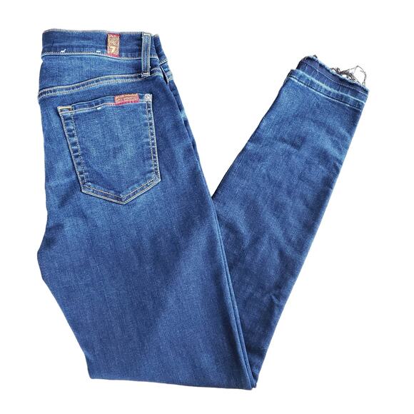 7 For All Mankind The Ankle Skinny Jeans  Size 26 Dark Wash Raw Hem Casual - Picture 1 of 11